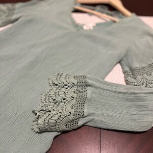 Boho Crochet Bell Sleeve Sage Green Dress Cottagcore Coquett Whimsical Earthy